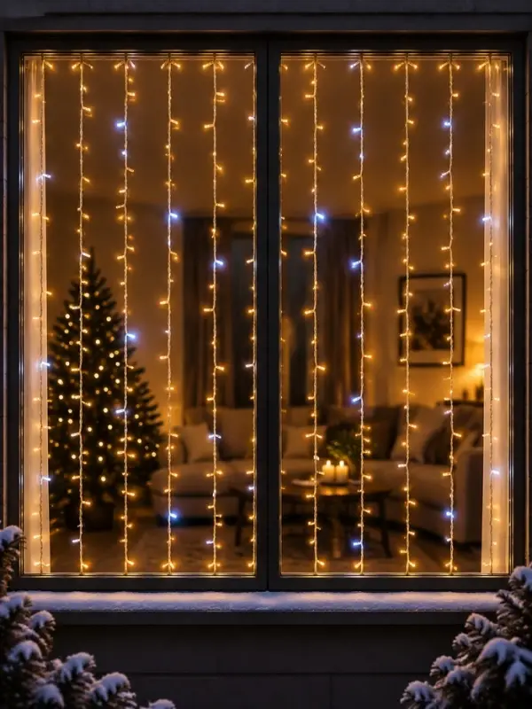Гирлянда &laquo;Занавес&raquo; 2&times;1.5 м, IP65, УМС, прозрачная нить, 300 LED, мерцание, свечение тёплое белое, 220 В