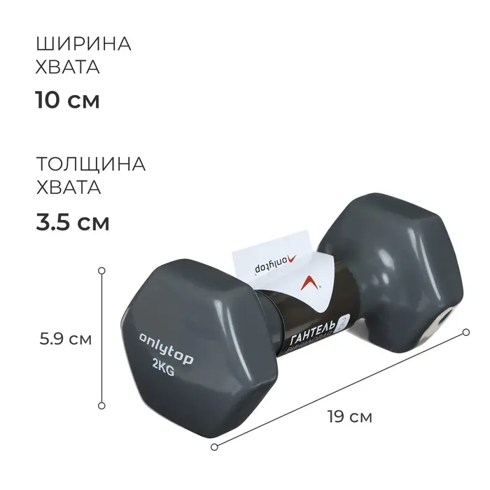 Гантель виниловая ONLYTOP, 2 кг, цвет МИКС