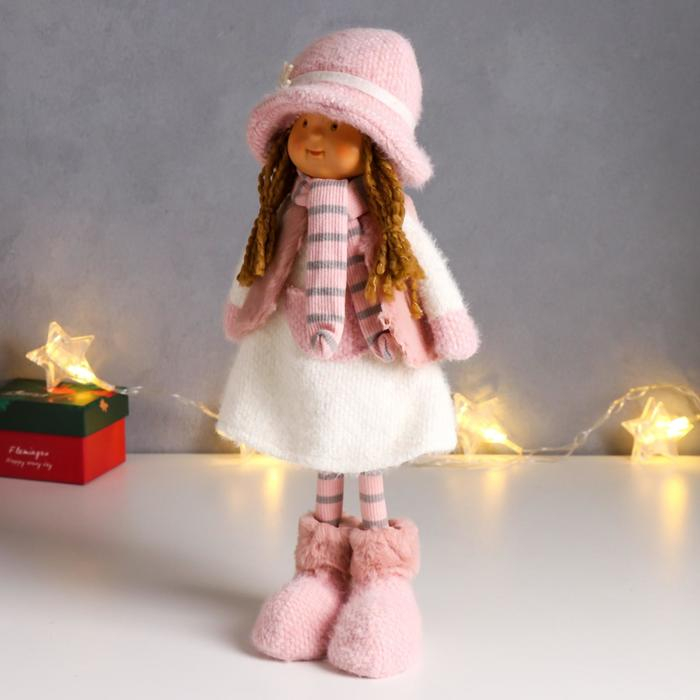 Кукла интерьерная Кукла интерьерная "Малышка с хвостиками, в вязаном бело-розовом наряде и шляпке" 36,5 см