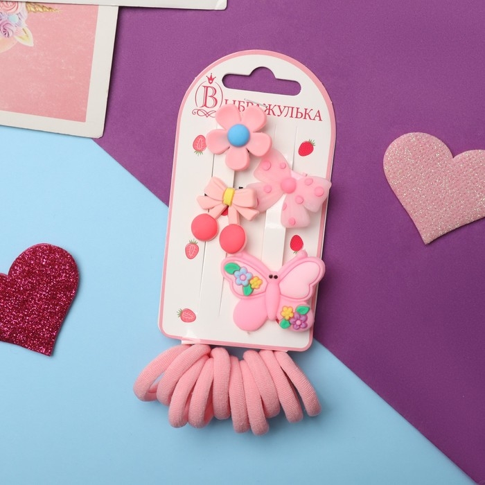 Набор для волос Набор для волос "Выбражулька" (10 резинок,4 зажима) бантики, розовый