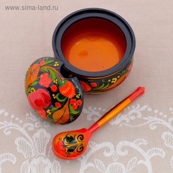 Сахарница, с ложкой, 10,5×7,5 см, хохлома