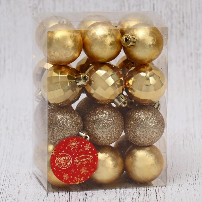 Ёлочные игрушки, шары новогодние , пластик, набор d-4 см, 24 шт Ёлочные игрушки, шары новогодние , пластик, набор d-4 см, 24 шт "Диско ассорти" золото