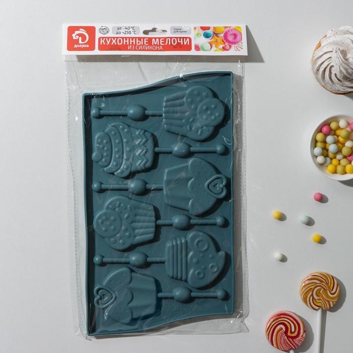 Форма для леденцов Доляна «Капкейк», силикон, 27,5×16,5 см, 6 ячеек (6×7 см), с палочками, цвет МИКС Форма для леденцов Доляна «Капкейк», силикон, 27,5×16,5 см, 6 ячеек (6×7 см), с палочками, цвет МИКС