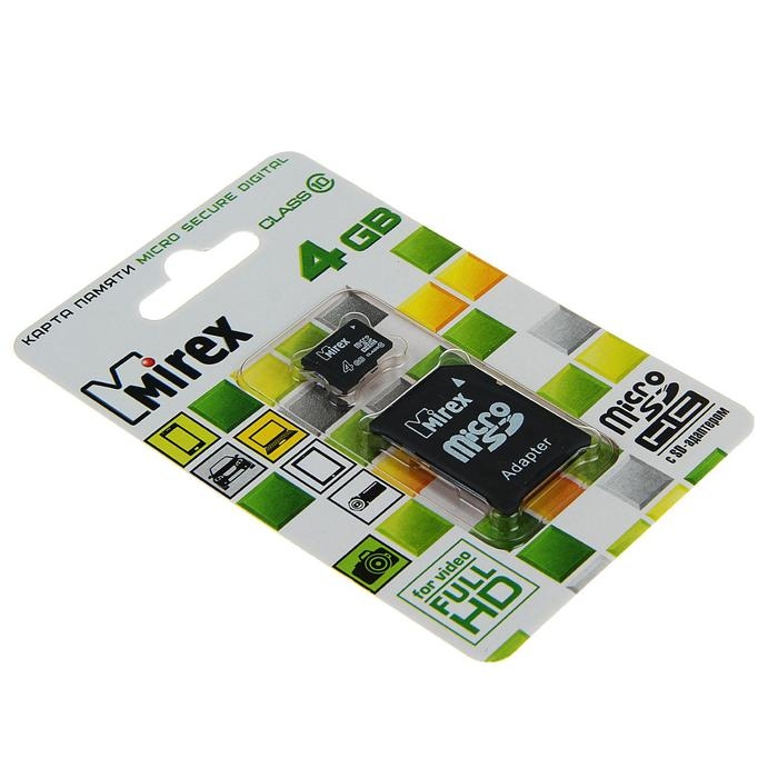 Карта памяти Mirex microSD, 4 Гб, SDHC, класс 10, с адаптером SD Карта памяти Mirex microSD, 4 Гб, SDHC, класс 10, с адаптером SD