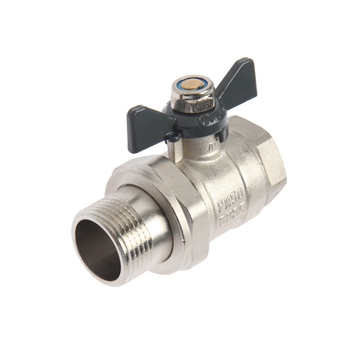 Кран шаровой AQUALINK, PN 50, внутренняя/наружная резьба 1", сгон, прямой, бабочка, никелир