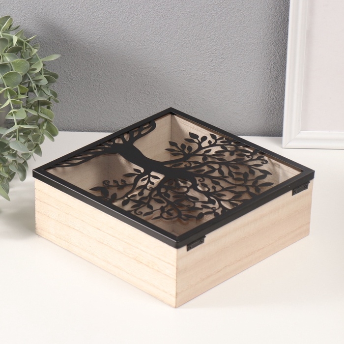 Шкатулка дерево с делениями "Время для чая" 20,2х20,2х7,3 см