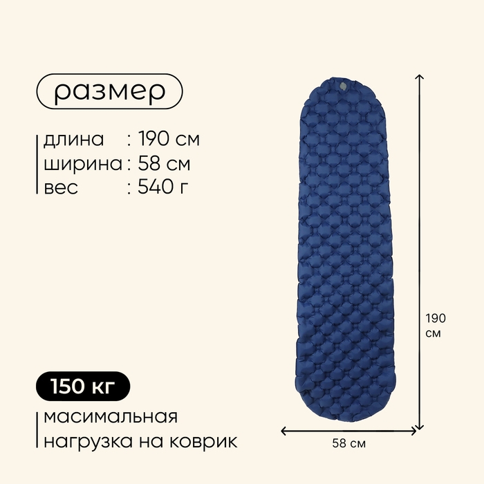 Коврик туристический maclay, надувной, 190х58х5 см, цвет синий Коврик туристический maclay, надувной, 190х58х5 см, цвет синий