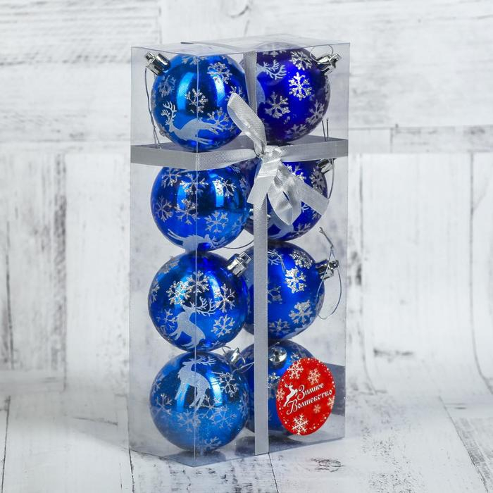 Набор шаров пластик d-6 см, 8 шт Набор шаров пластик d-6 см, 8 шт "Северный олень" синий
