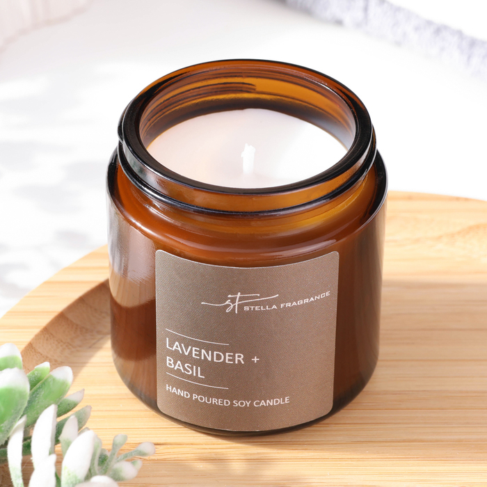 Свеча ароматическая в банке  Свеча ароматическая в банке "LAVENDER BASIL", соевый воск, 90 г, лаванда и базилик