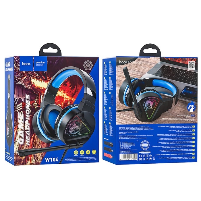 Наушники Hoco W104, игровые, накладные, микрофон, USB + 3.5 мм, 2 м, черно-синие Наушники Hoco W104, игровые, накладные, микрофон, USB + 3.5 мм, 2 м, черно-синие