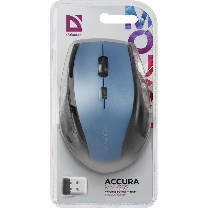 Мышь Defender Accura MM-365, беспроводная, оптическая, 1600 dpi, 1xAA (не в компл), синяя