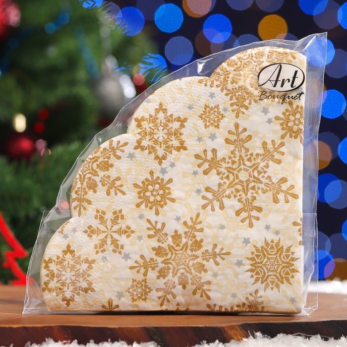 Новый год. Салфетки бумажные Art Bouquet Rondo Новый год. Салфетки бумажные Art Bouquet Rondo"Золотые снежинки на бежевом", 3 слоя, d 32, 12 шт
