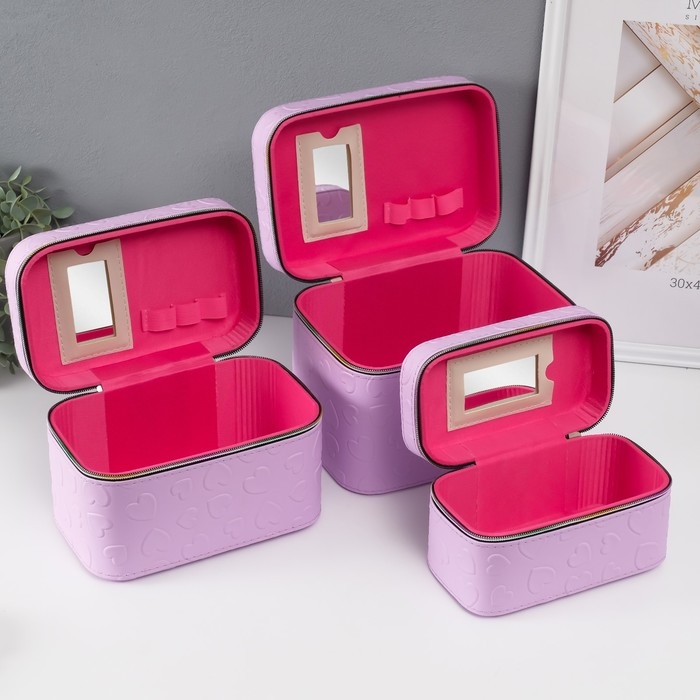 Шкатулка кожзам с зеркалом Шкатулка кожзам с зеркалом "Сердца" св-сирень набор 3 шт 19х10,5х10,5 21х13х14 15х23х17 см