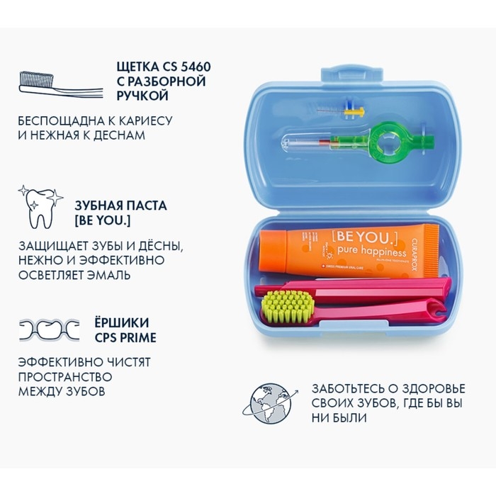 Дорожный набор Curaprox BE YOU в синем боксе , 4 предмета Дорожный набор Curaprox BE YOU в синем боксе , 4 предмета