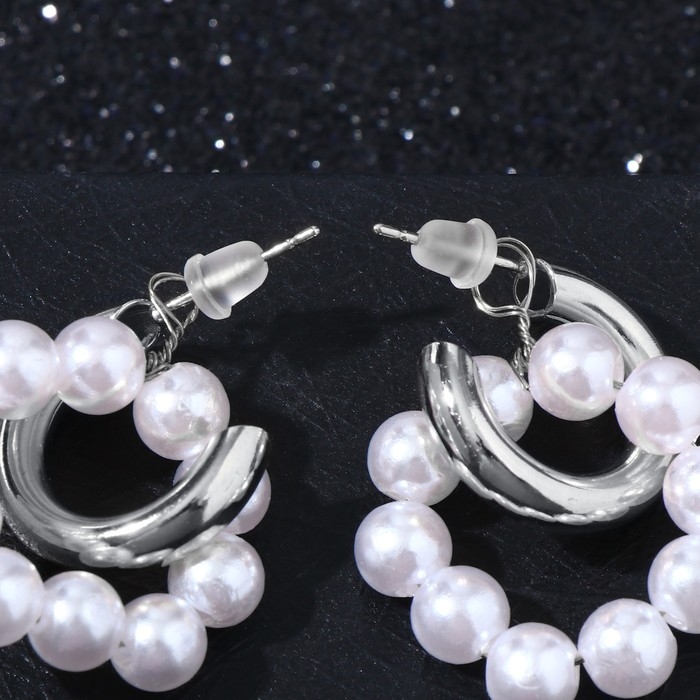 Серьги со съёмным элементом «Трансформер» два жемчужных кольца, цвет белый в серебре Серьги со съёмным элементом «Трансформер» два жемчужных кольца, цвет белый в серебре