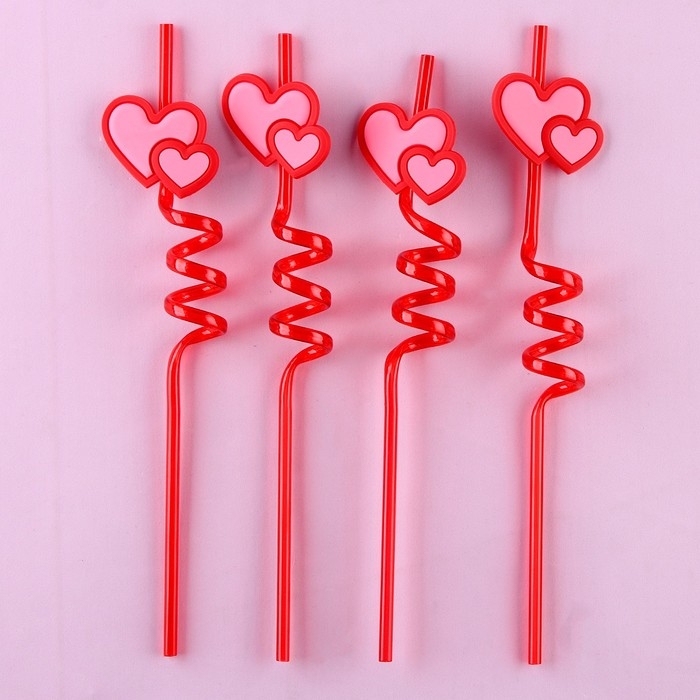 Трубочки для коктейля пластиковые «Сердца», в наборе 4 штуки Трубочки для коктейля пластиковые «Сердца», в наборе 4 штуки