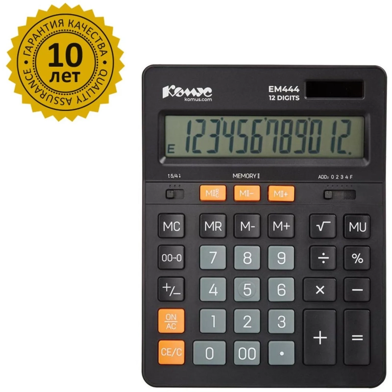 Калькулятор настольный ПОЛНОРАЗМ. КОМУС EM444, 12-р,дв.пит,204x155мм,черн