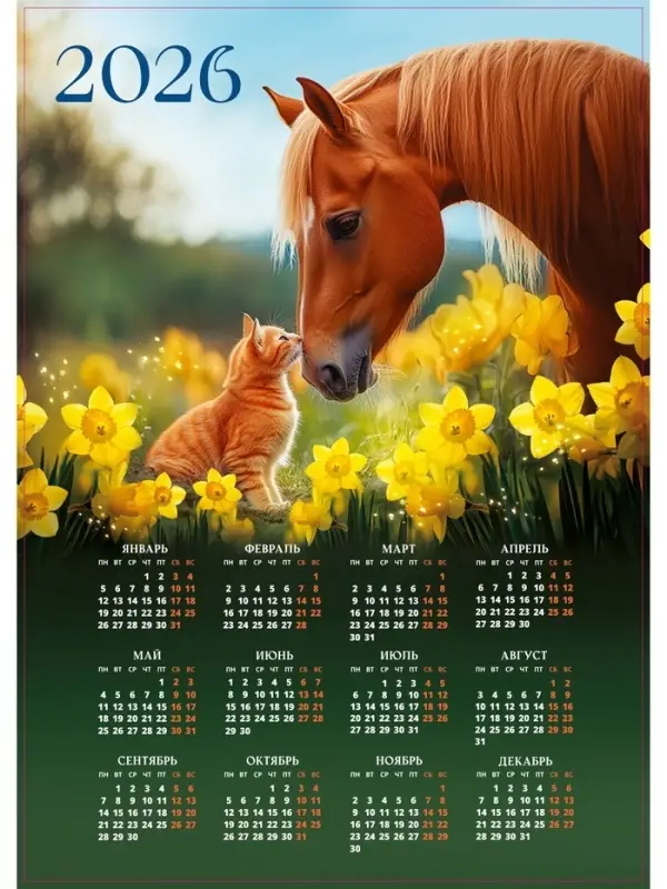 Календарь 2026 «Лошадь с котёнком», А2 Календарь 2026 «Лошадь с котёнком», А2