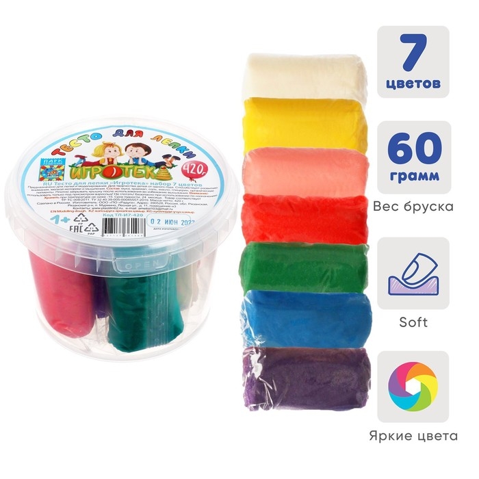 Тесто для лепки 7 цветов по 60 г,  Тесто для лепки 7 цветов по 60 г, "Игротека" в пластиковом ведре