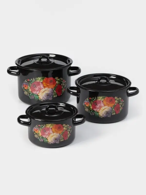 Набор кастрюль эмалированных &laquo;Жостово&raquo;, 3 шт.: 1.5 л, 2.9 л, 4.5 л, чёрный
