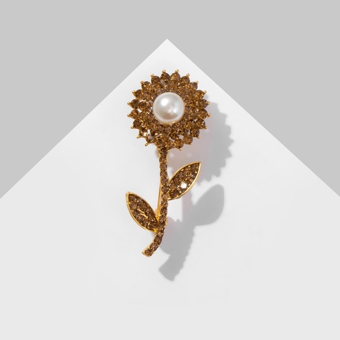 Брошь «Цветок» симпл с бусиной, цвет бело-коричневый в матовом золоте Брошь «Цветок» симпл с бусиной, цвет бело-коричневый в матовом золоте