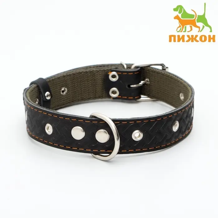 Ошейник комбинированный, безразмерный, 65&times;3.5 см, ОШ 31-61 см, кожа, брезент, чёрный