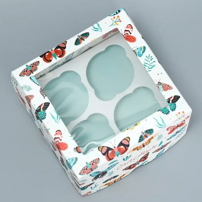 Коробка для капкейков, кондитерская упаковка двухсторонняя, 4 ячейки «Бабочки», 16 х 16 х 10 см Коробка для капкейков, кондитерская упаковка двухсторонняя, 4 ячейки «Бабочки», 16 х 16 х 10 см