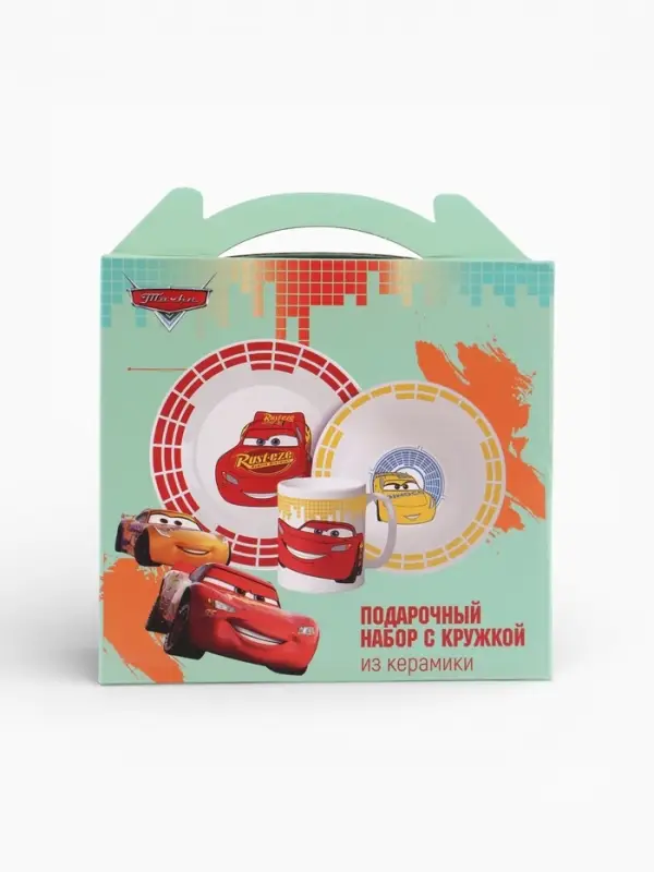 Набор посуды керамической детской, 3 предмета: кружка 200 мл, тарелка 19 см, салатник 250 мл, Тачки