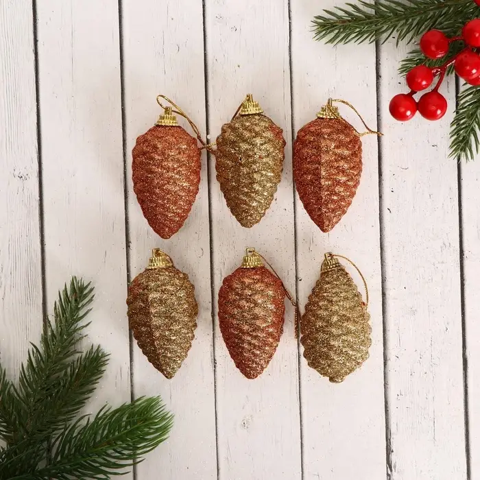 Ёлочные игрушки 6 шт. &laquo;Шишка с переливами&raquo; 3.5&times;5.5 см, золото