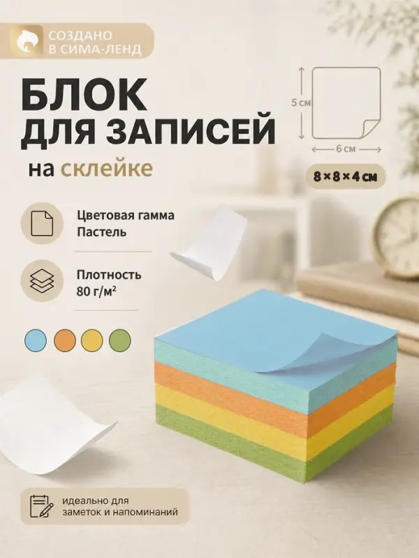 Блок бумаги для записей Calligrata, 8&times;8&times;4 см, 80 г/м&sup2;, непроклеенный, цветной, пастель