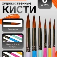 Набор кистей для рисования, пони, 6 штук: № 2, 4, 6, 8, 10, 12, круглые, с цветными ручками, пастель, международный размер