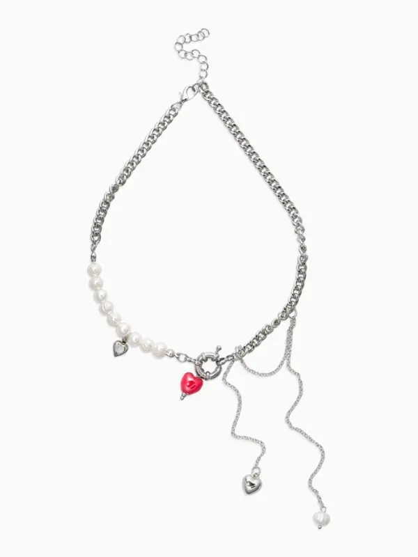 Колье &laquo;Сердце&raquo; керамика, на цепочке с жемчугом, цвет красно-белый в серебре, L=35+7см