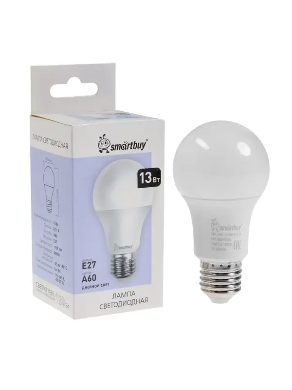 Лампа светодиодная Smartbuy, Е27, A60, 13 Вт, 4000К, дневной белый свет