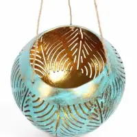 Подсвечник подвесной из кокоса, 14&times;14&times;10 см, бирюзово-золотой
