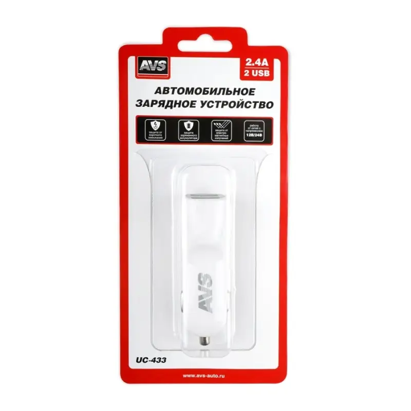 USB автомобильное зарядное устройство AVS 2 порта UC-433 (2,4А)