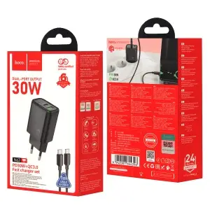 Сетевое зарядное устройство с кабелем Type-C на Type-C PD30W + USB QC3.0 N63 HOCO черное