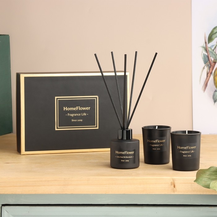 Набор свечей с диффузором Набор свечей с диффузором "Home Flower", хилтон, (2 свечи по 50 гр+ 1 диффузор 50 мл)