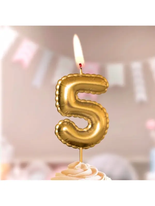 Свеча в торт на шпажке "Воздушая цифра", цифра "5", золото