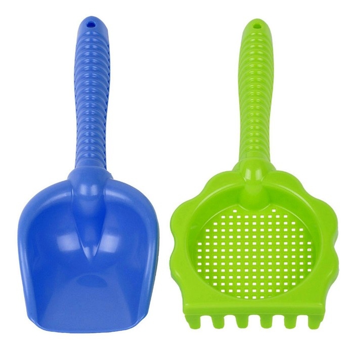 Песочный набор, 2 предмета: грабли-ситечко, совок, 25 см, цвета МИКС