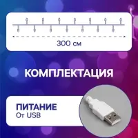 Гирлянда &laquo;Нить&raquo; 3 м с насадками &laquo;Снежинки большие&raquo;, IP20, прозрачная нить, 20 LED, свечение мульти (RG/RB), мигание, USB