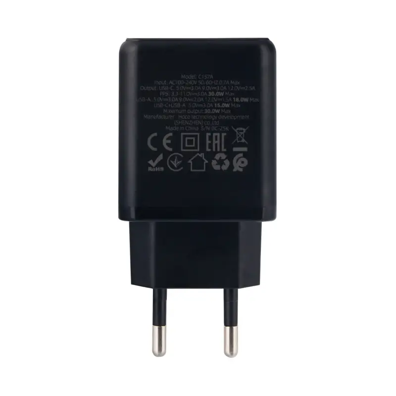 Переходник сетевого зарядного устройства на Type-C PD30W + USB QC3.0  C157A HOCO черный