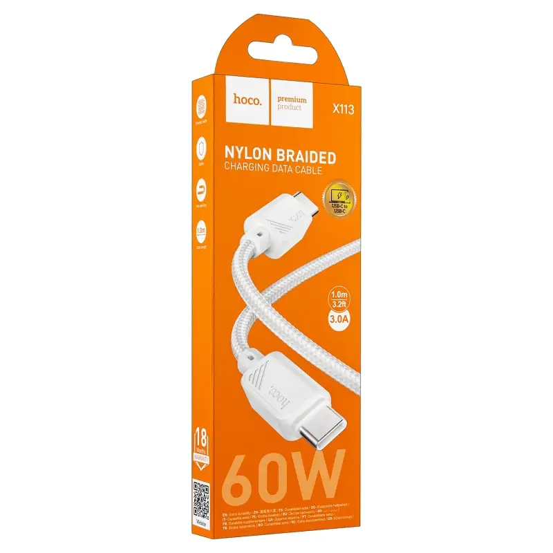 Кабель X113 Type-C на Type-C 1M 3A 60W HOCO белый