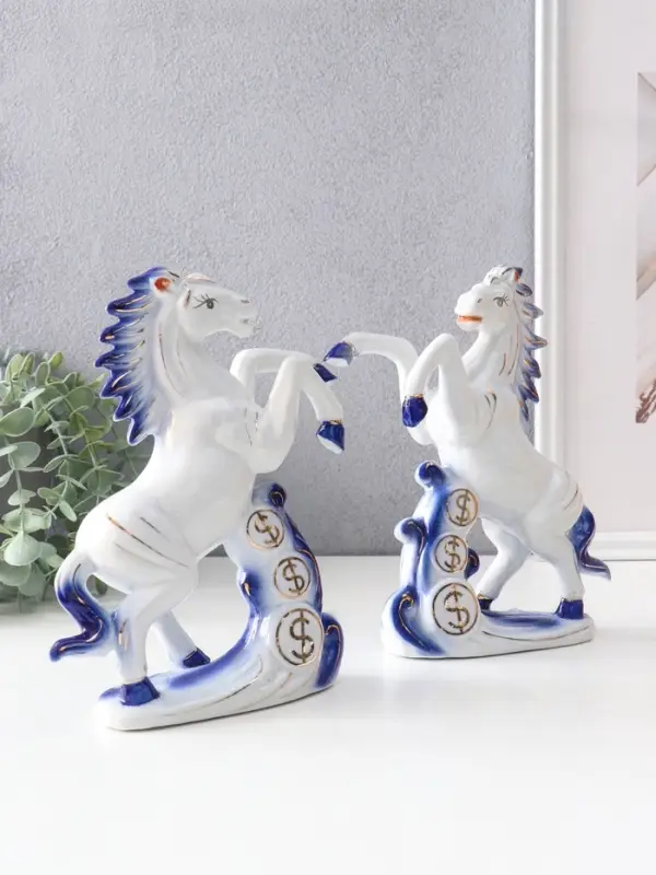 Сувенир керамика "Кони и деньги" сине-золотой набор 2 шт 19,5х6х21 см