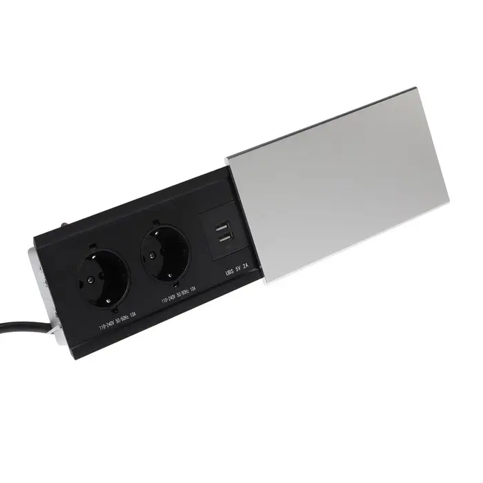 Блок розеточный в стол, сдвижная крышка, 10 А, 2 розетки, 2xUSB, 2A, провод 1.8 м, серебристый