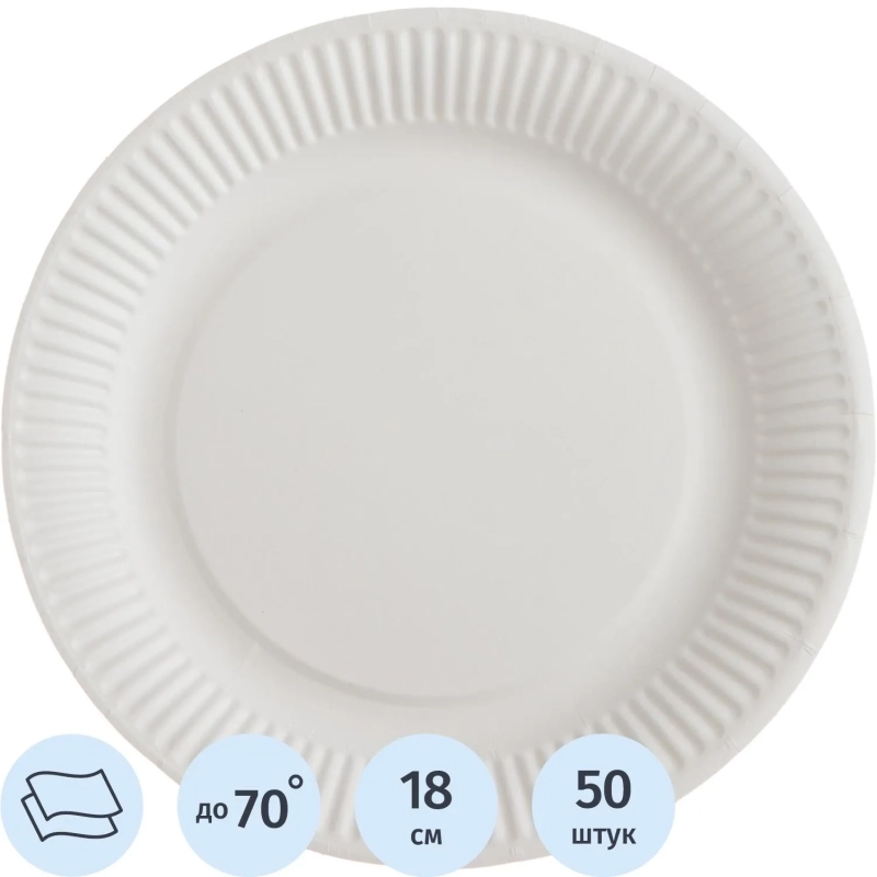 Тарелка одноразовая бум. 18см круглая, белая, 190 г/м2, 50шт/уп