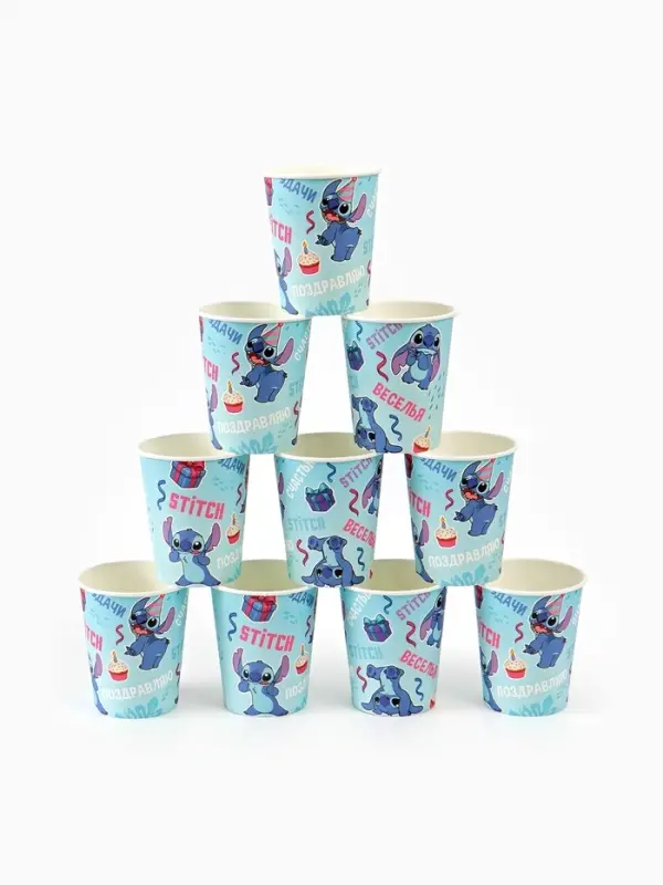 Посуда одноразовая бумажная на 10 персон: стаканы, тарелки, скатерть, Стич Посуда одноразовая бумажная на 10 персон: стаканы, тарелки, скатерть, Стич