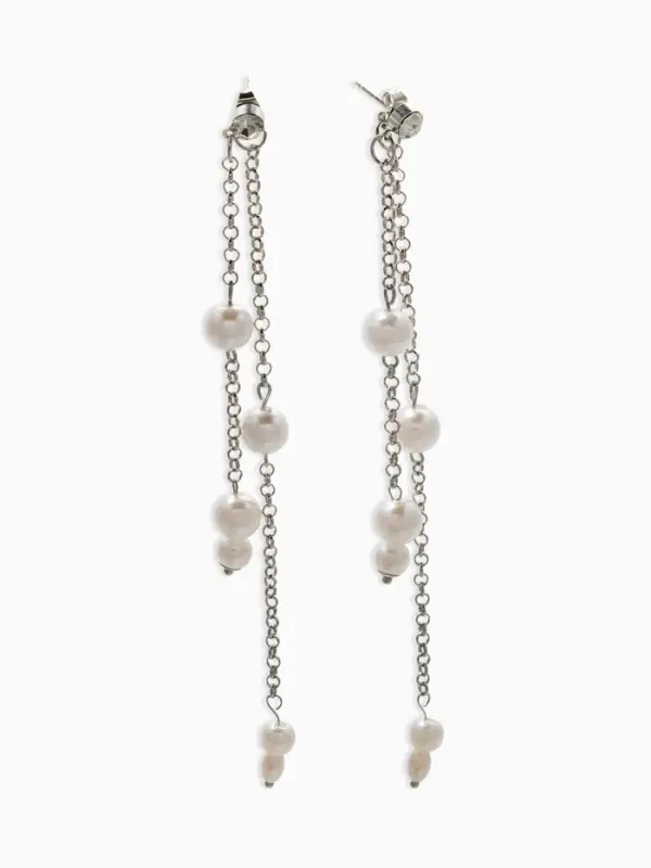 Серьги жемчуг "Цепочки" двойные, цвет белый в серебре