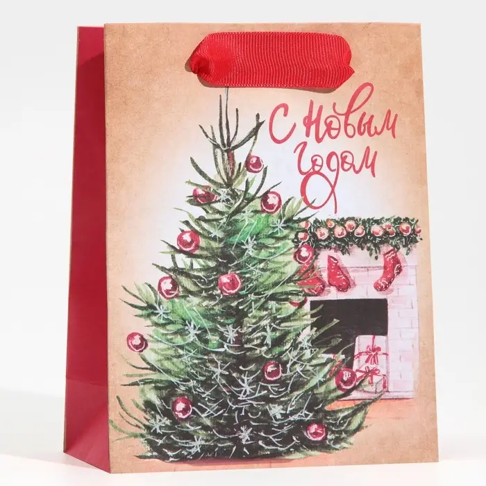 Пакет подарочный новогодний крафтовый &laquo;Вечер у камина&raquo;, S 12 х 15 х 5.5 см