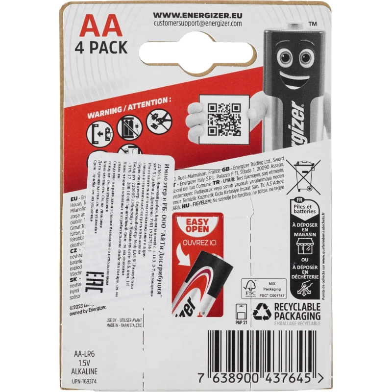 Батарейка Energizer MAX LR6/E91/AA BL4 4шт/бл (7638900437645)