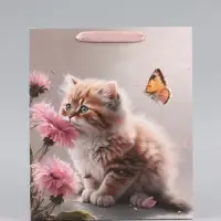 Пакет подарочный вертикальный &laquo;Котик и цветок&raquo;, 22&times;22&times;11 см